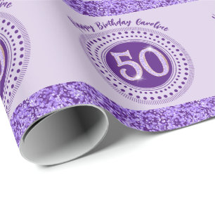 Elegante 50e verjaardag paarse glitter met strepen cadeaupapier