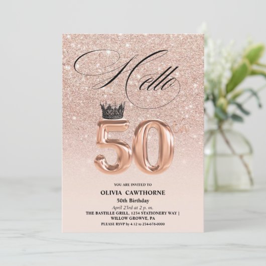 Elegante 50e verjaardag Rose Goud Blush Foto Kaart (Staand voorkant)