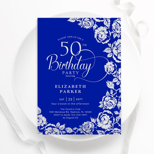 Elegante 50e verjaardag Royal Blue Zilveren Rozen Kaart