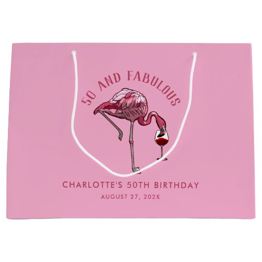Elegante 50e verjaardag roze flamingo nieuwigheid groot cadeauzakje (Voorkant)