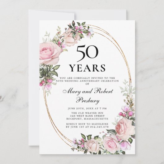 Elegante 50e verjaardag Roze Roos Bloemig Kaart (Voorkant)