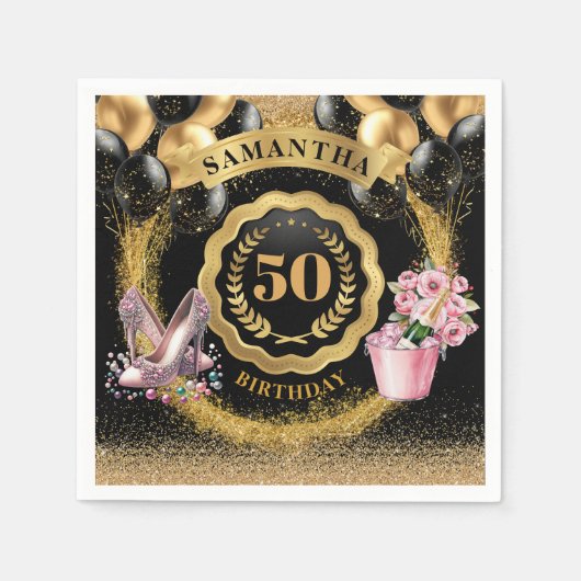 Elegante 50e verjaardag servetten gouden ballonnen (Voorkant)