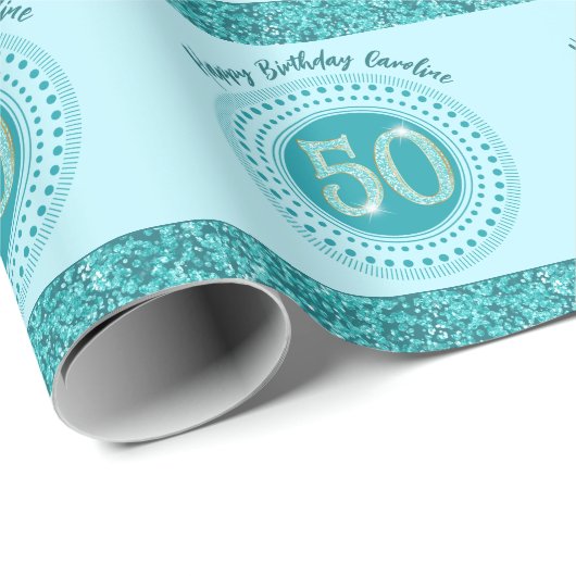 Elegante 50e verjaardag Turquoise Glitters & Strep Cadeaupapier (Rol Hoek)