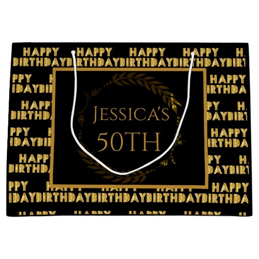 Elegante 50e verjaardag zwart en gouden cadeauzakj groot cadeauzakje (Voorkant)