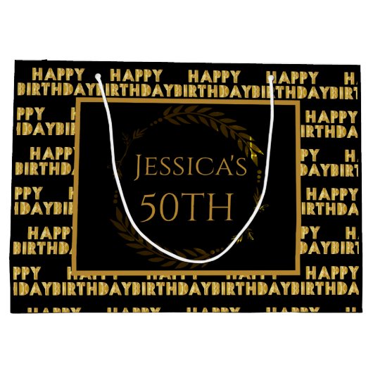 Elegante 50e verjaardag zwart en gouden cadeauzakj groot cadeauzakje (Achterkant)