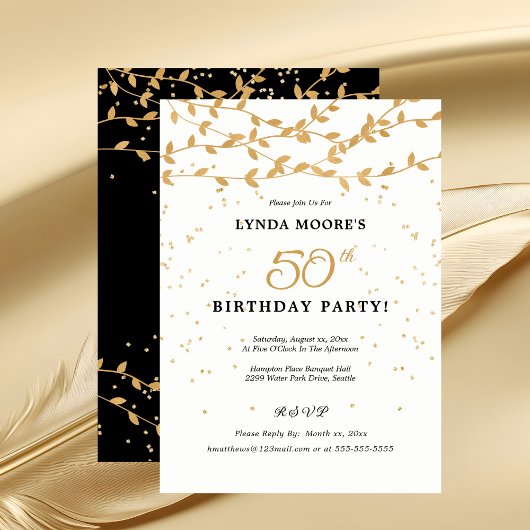 Elegante 50e verjaardagsfeest gouden bladeren kaart