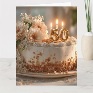 Elegante 50e verjaardagstaart met gouden topper kaart