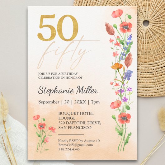 Elegante 50e Wilde Bloem Verjaardagsviering Kaart