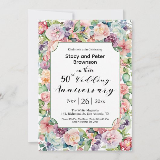 Elegante 50ste bruiloft Jubileum Kleurrijke Bloeme Kaart (Voorkant)