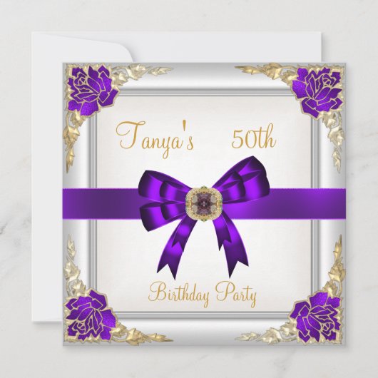 Elegante 50ste verjaardag bloem paars wit goud 2 kaart (Voorkant)