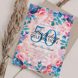Elegante 50ste verjaardag Blush Roze Blauw Bloemen Kaart