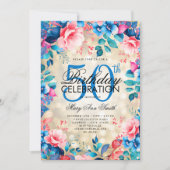 Elegante 50ste verjaardag Gouden Blauw Roze Bloeme Kaart (Voorkant)