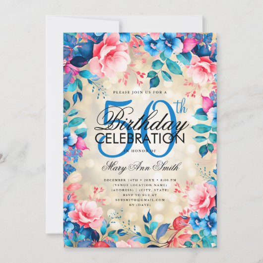 Elegante 50ste verjaardag Gouden Blauw Roze Bloeme Kaart (Voorkant)