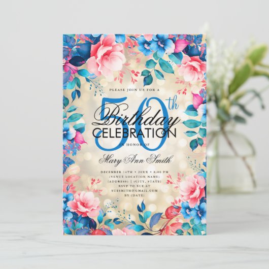 Elegante 50ste verjaardag Gouden Blauw Roze Bloeme Kaart (Staand voorkant)