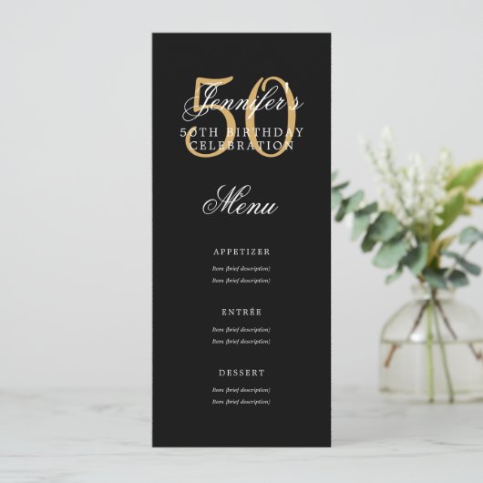 Elegante 50ste verjaardag menu Gold Black Kaart (Staand voorkant)