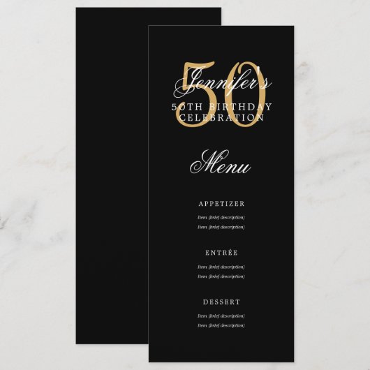Elegante 50ste verjaardag menu Gold Black Kaart (Voorkant / Achterkant)