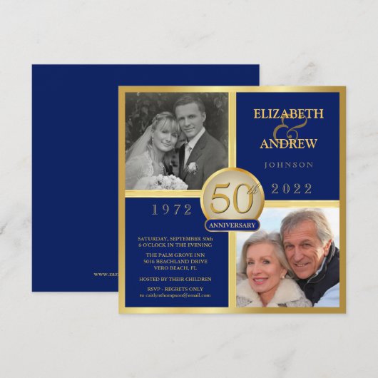 Elegante 50ste verjaardag Then Now Navy Blue  Kaart (Voorkant / Achterkant)