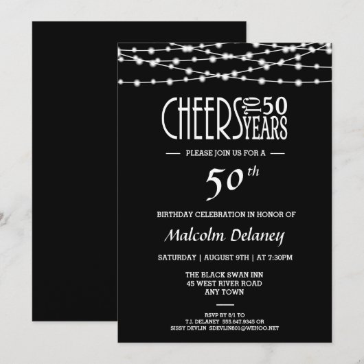 Elegante 50ste verjaardag uitnodiging in zwart (Voorkant / Achterkant)