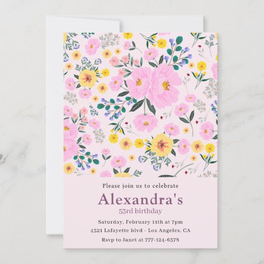 Elegante 53e verjaardag uitnodigingen Pink Floral  (Voorkant)