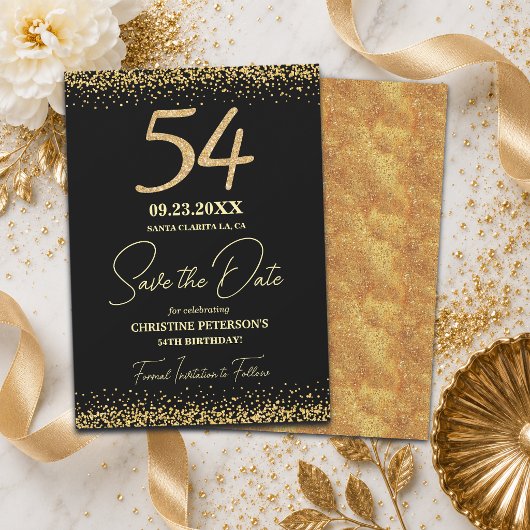 Elegante 54e Verjaardag Zwart Goud Glitter Save The Date