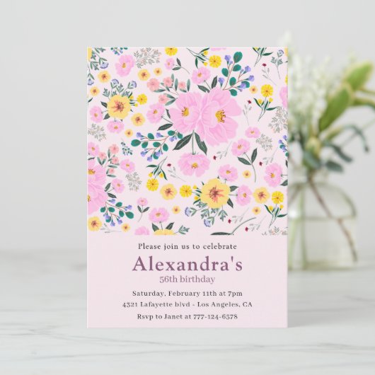 Elegante 56e verjaardag uitnodigingen Pink Floral (Staand voorkant)