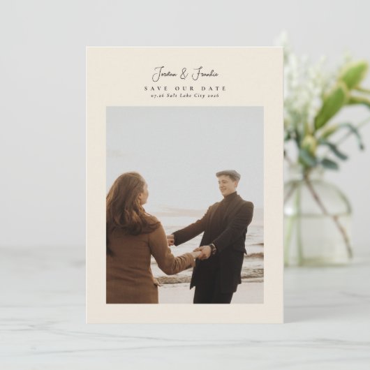 Elegante 5 foto collage script kalligrafie bruilof save the date (Staand voorkant)