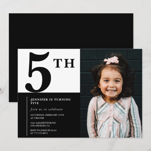 Elegante 5e verjaardag uitnodiging Meisje Chic Fot (Voorkant / Achterkant)