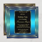 Elegante 60e verjaardag blauw oceaan goud uitnodig kaart (Voorkant / Achterkant)