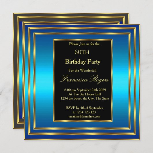 Elegante 60e verjaardag blauw oceaan goud uitnodig kaart (Voorkant / Achterkant)