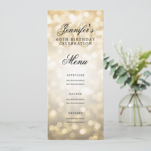 Elegante 60e verjaardag menu Gold Bokeh Lights Kaart (Staand voorkant)