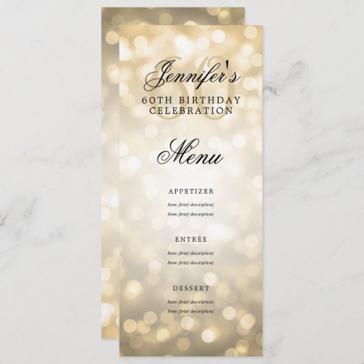 Elegante 60e verjaardag menu Gold Bokeh Lights Kaart (Voorkant / Achterkant)