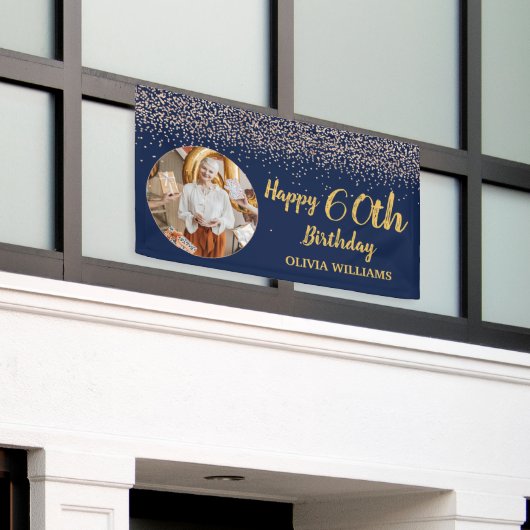 Elegante 60e verjaardag Navy Blauw Gouden Glitter Spandoek (Buitenkant Gebouw)