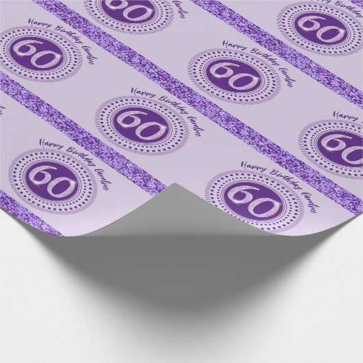 Elegante 60e verjaardag Paarse glitter met strepen Cadeaupapier (Hoek)