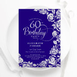 Elegante 60e verjaardag Paarse zilveren Rozen Kaart<br><div class="desc">Paarse zilveren bloemen 60ste verjaardagsfeest uitnodiging. Elegant ontwerp met rozen,  faux silver-folie en lettertype voor typografie. Trendy uitnodigingskaart ideaal voor een stijlvol vrouw bday-feest. Kan worden aangepast aan elke leeftijd. Personaliseer met uw eigen gegevens. Gedrukte Zazzle-uitnodigingen of direct downloadbare digitale afdrukbare sjabloon.</div>