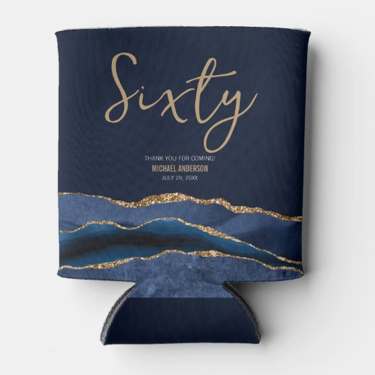 Elegante 60e verjaardag Party Blauw Gouden Agaat Blikjeskoeler (Voorkant)