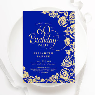 Elegante 60e verjaardag Royal Blue Gold Rozen Kaart