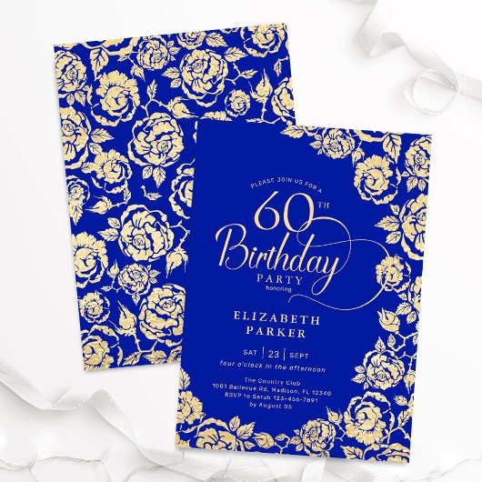 Elegante 60e verjaardag Royal Blue Gold Rozen Kaart