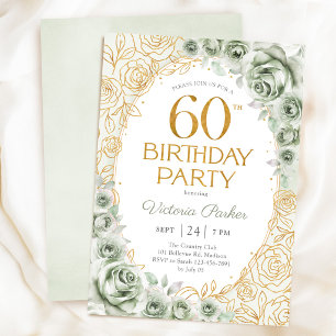 Elegante 60e verjaardag saliegroen goud bloem kaart
