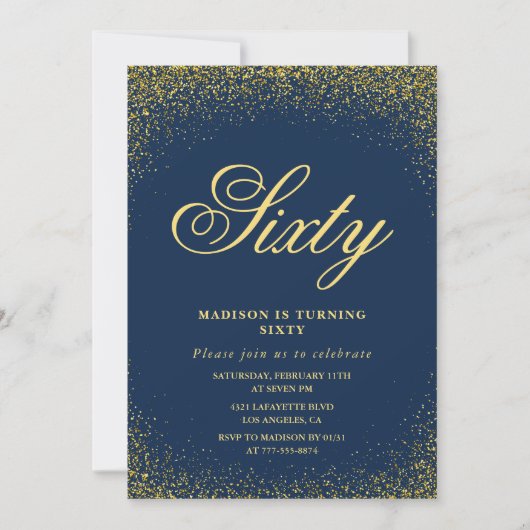 Elegante 60e verjaardag uitnodiging Gold Navy Glam (Voorkant)