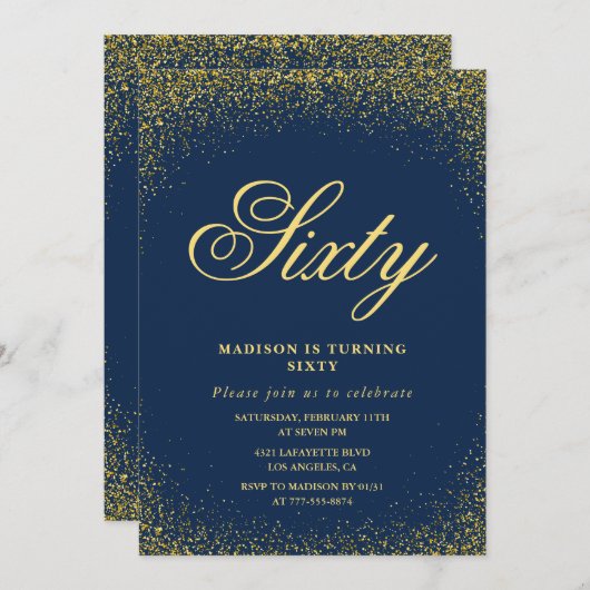 Elegante 60e verjaardag uitnodiging Gold Navy Glam (Voorkant / Achterkant)