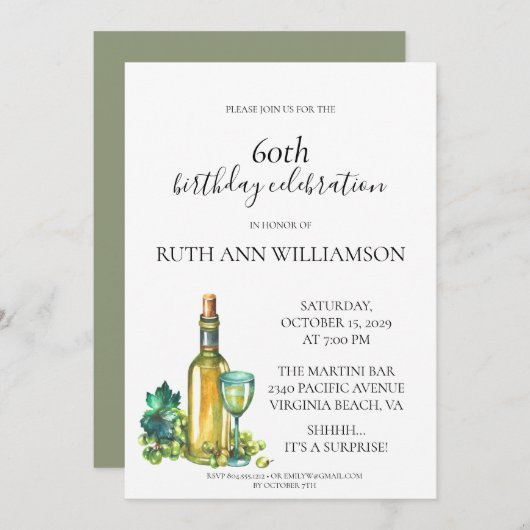 Elegante 60e verjaardag witte wijn verrassingsfees kaart (Voorkant / Achterkant)
