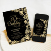 Elegante 60e verjaardag zwart gouden Rozen Kaart