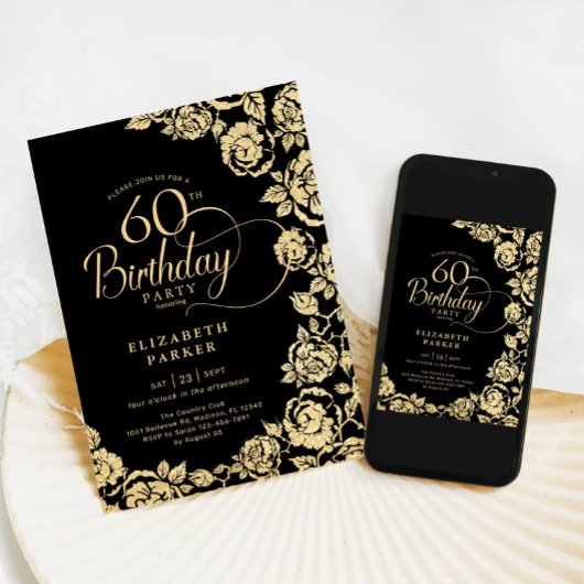 Elegante 60e verjaardag zwart gouden Rozen Kaart