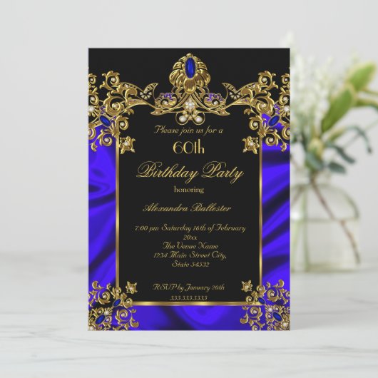 Elegante 60e Verjaardagsfeestje Zijde Ruby blauw G Kaart (Staand voorkant)