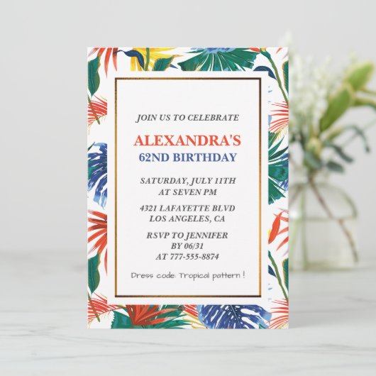 Elegante 62e verjaardag uitnodigingen Tropical Flo (Staand voorkant)
