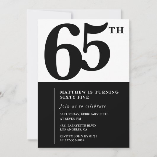 Elegante 65e verjaardag uitnodiging Black Chic Mod (Voorkant)
