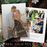 Elegante 6 foto's pasgetrouwd Merry Christmas goud Folie Feestdagenkaart<br><div class="desc">Elegante luxe echt gouden folie script bruiloft paar foto overlay naam en tekst gepersonaliseerde eerste kerstvakantie kaart.         Houd er rekening mee dat u de kleur van de folie kunt kiezen: goud,  roos goud of zilver.</div>