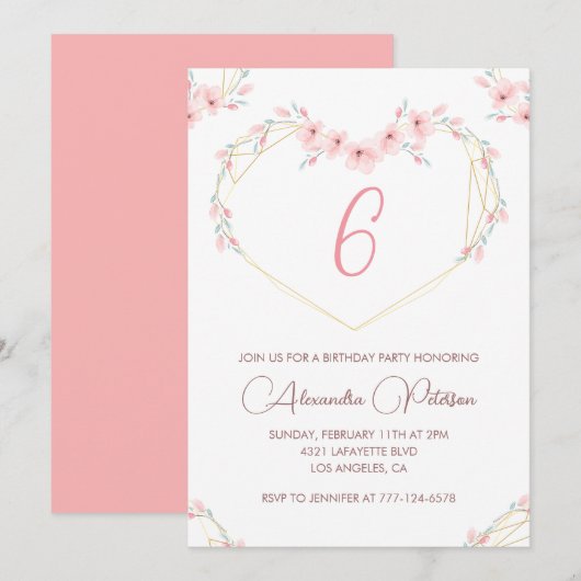 Elegante 6e verjaardag uitnodigingen Pink Floral (Voorkant / Achterkant)