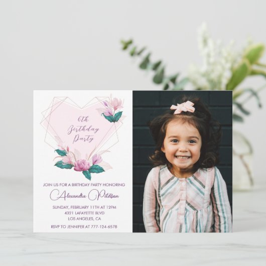 Elegante 6e verjaardagsuitnodigingen Bloem Foto Kaart (Staand voorkant)