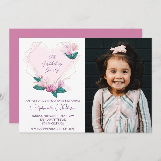 Elegante 6e verjaardagsuitnodigingen Bloem Foto Kaart (Voorkant / Achterkant)